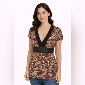 Retro Geometric Print Top | Y2K V-Neck Empire Waist Blouse